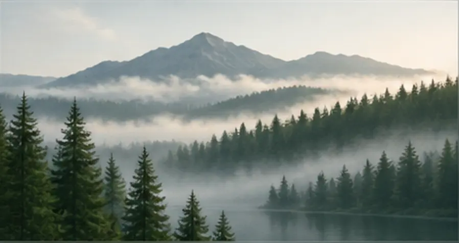 A peaceful evergreen forest surrounding a mountain lake.